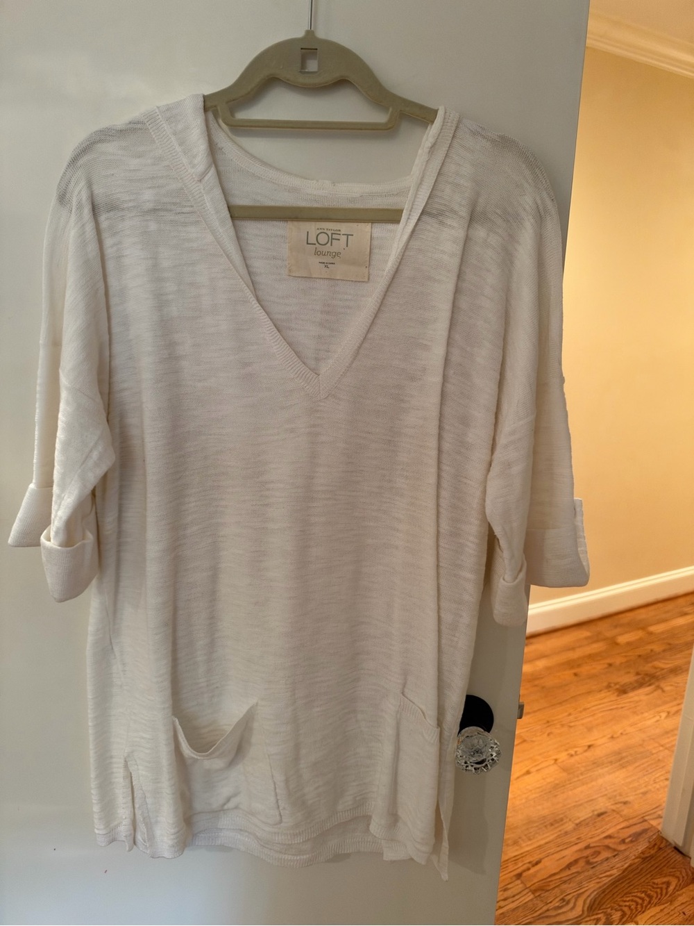 LOFT Lounge White Hooded V-Neck Sweater Tunic XL Cotton Rayon